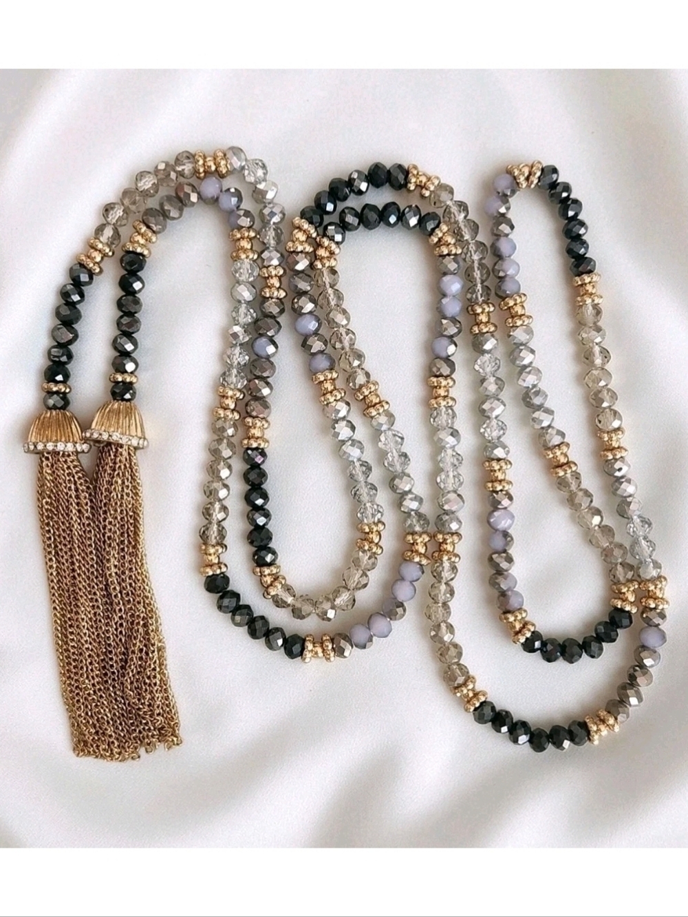 Long Lariat Tassel Necklace Gray Black Faceted Crystal Glass Beads Gold Tone